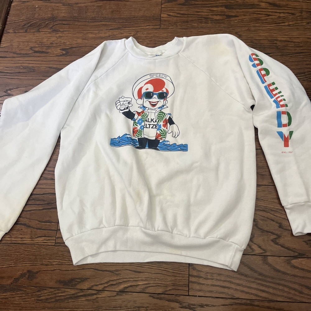 VTG Speedy Alka Seltzer Commercial Crew Neck Hawaiian Sweatshirt 1987 XL Read